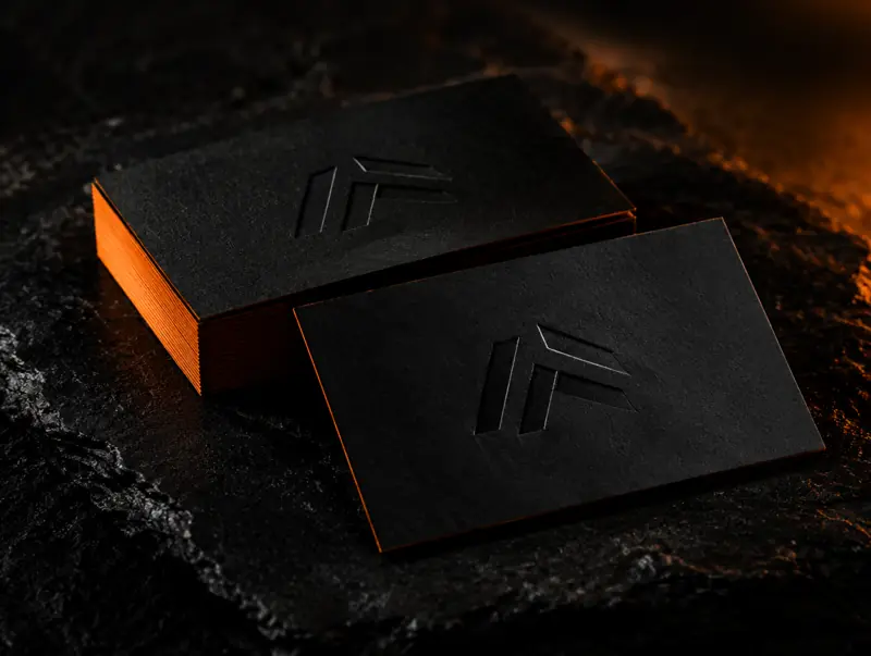 Schwarze Visitenkarten mit geprägtem Logo und orangem Farbschnitt (KI-generiert)