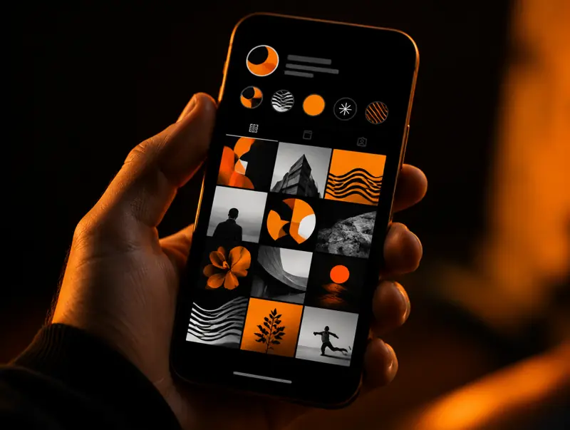 Smartphone mit einheitlich gestaltetem Social-Media-Profil (KI-generiert)